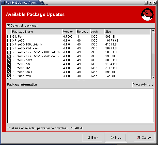 De up2date tool van Red Hat waarmee steeds de laatste versies van alle pakketten kunnen worden gedownload en geïnstalleerd